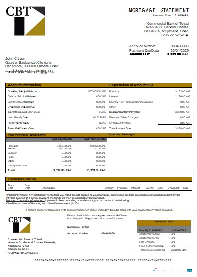 Download Chad Commercial Bank of Tchad bank mortgage statement scr Photoshop template
